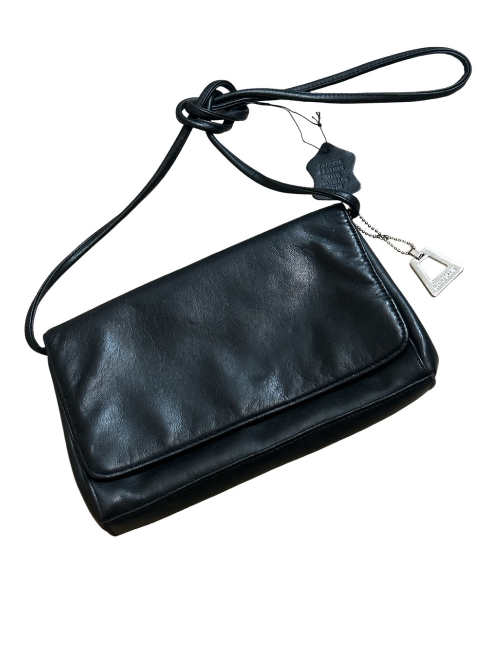 LAURA SCOTT Black Genuine Leather Crossbody Flap Bag Purse Y2K 90a
